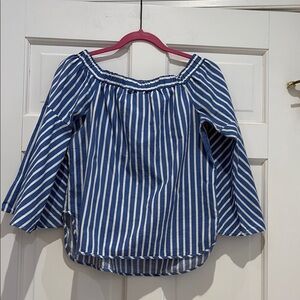 Blue and White Striped Off-Shoulder Top with Bell Sleeves